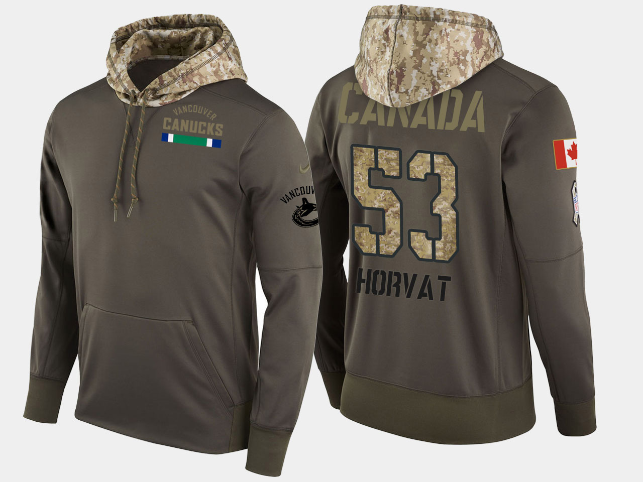 Nike Canucks 53 Bo Horvat Olive Salute To Service Pullover Hoodie