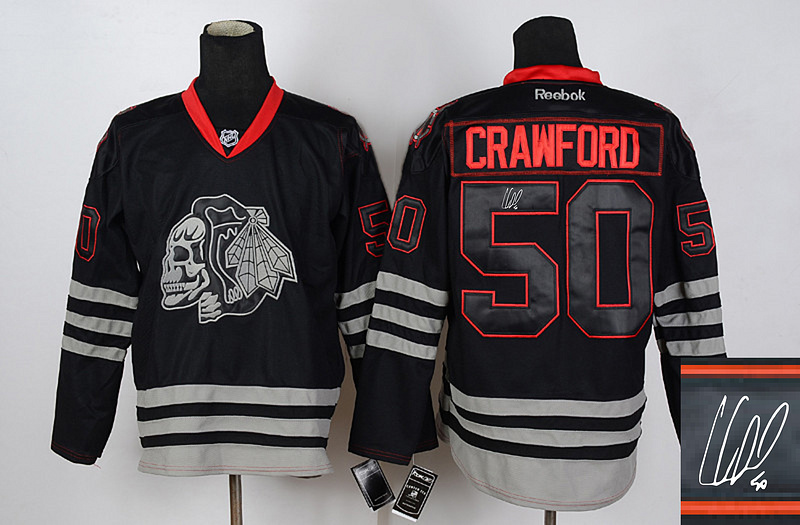 Blackhawks 50 Crawford Black Skulls Signature Edition Jerseys