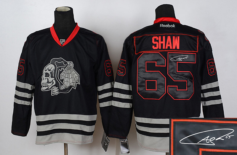 Blackhawks 65 Shaw Black Skulls Signature Edition Jerseys