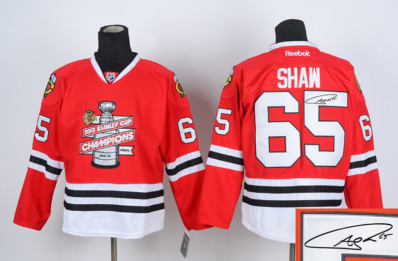 Blackhawks 65 Shaw Red 2013 Stanley Cup Champions Signature Edition Jerseys