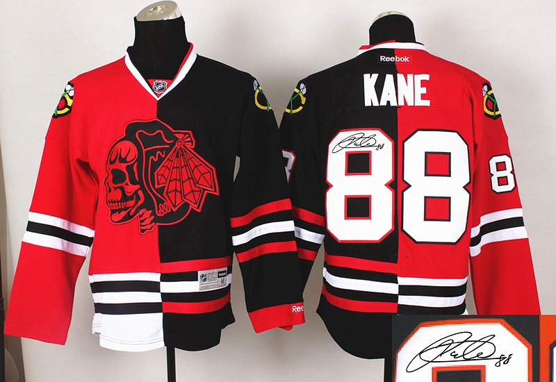Blackhawks 88 Kane Red&Black Split Red Skulls Signature Edition Jerseys