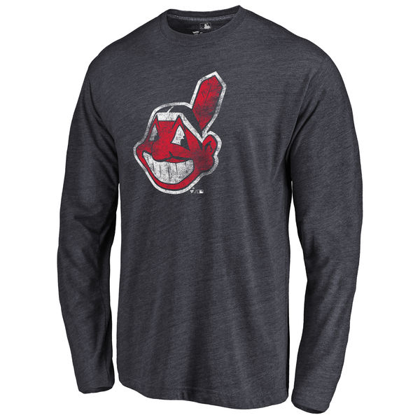 Cleveland Indians Distressed Team Long Sleeve Tri Blend T-Shirt Navy