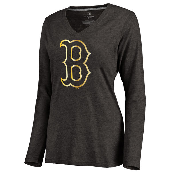 Boston Red Sox Women's Gold Collection Long Sleeve V Neck Tri Blend T-Shirt Black