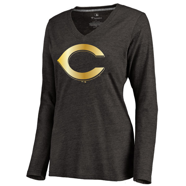 Cincinnati Reds Women's Gold Collection Long Sleeve V Neck Tri Blend T-Shirt Black