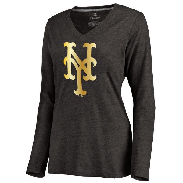 New York Mets Women's Gold Collection Long Sleeve V Neck Tri Blend T-Shirt Black