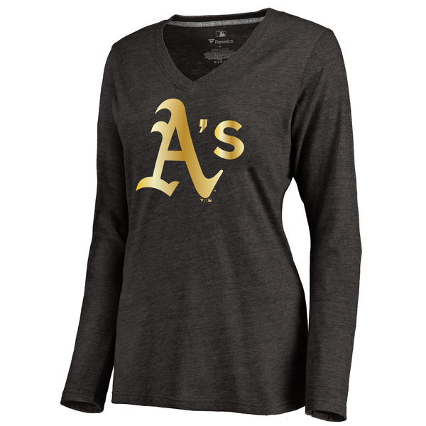 Oakland Athletics Women's Gold Collection Long Sleeve V Neck Tri Blend T-Shirt Black