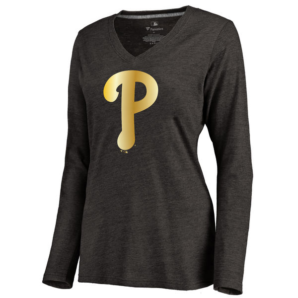 Philadelphia Phillies Women's Gold Collection Long Sleeve V Neck Tri Blend T-Shirt Black