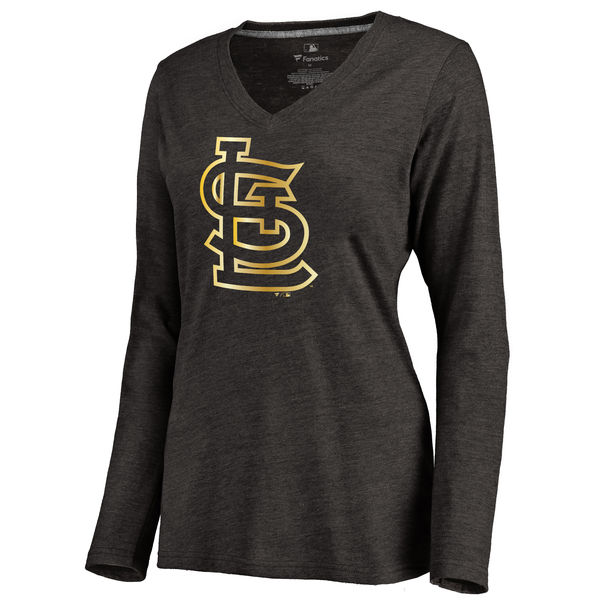 St. Louis Cardinals Women's Gold Collection Long Sleeve V Neck Tri Blend T-Shirt Black