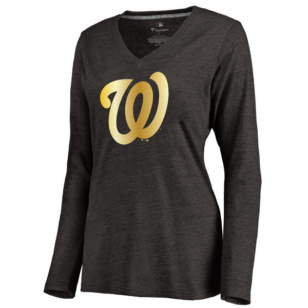 Washington Nationals Women's Gold Collection Long Sleeve V Neck Tri Blend T-Shirt Black