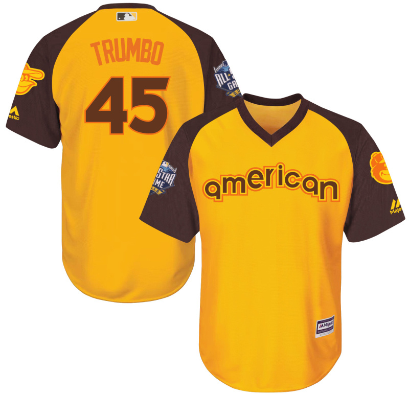 Orioles 45 Mark Trumbo Yellow Youth 2016 All-Star Game Cool Base Batting Practice Player Jersey