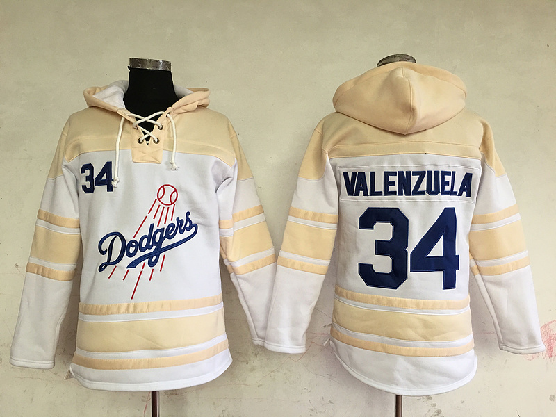Dodgers 34 Fernando Valenzuela Cream All Stitched Hooded Sweatshirt