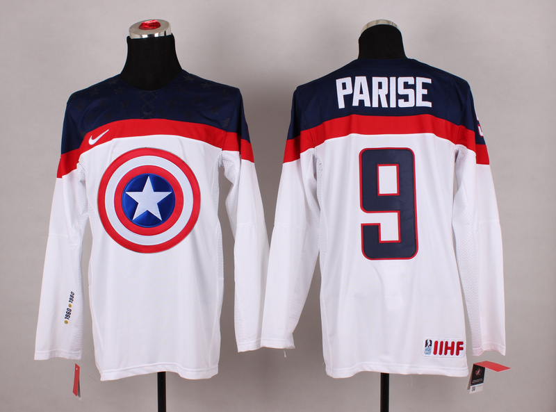 USA 9 Parise White Captain America Jersey