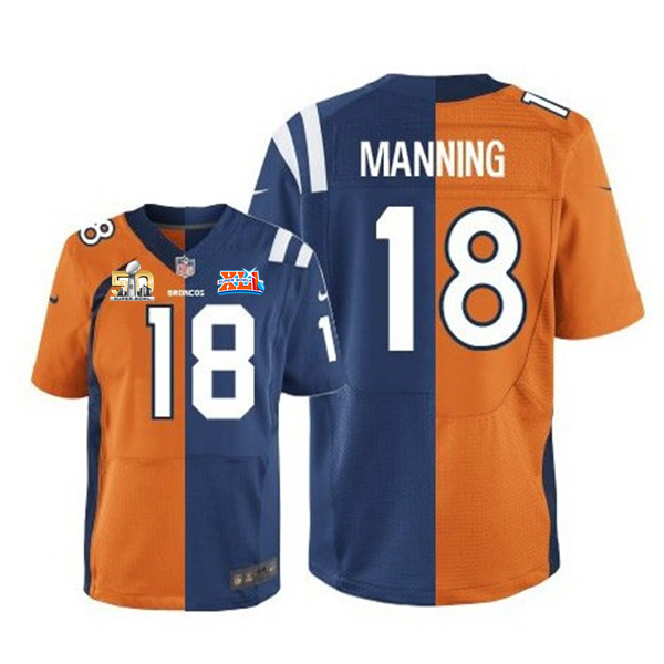 Nike Broncos 18 Peyton Manning Blue And Orange Split Super Bowl 50 Elite Jersey