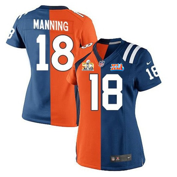 Nike Broncos 18 Peyton Manning Blue And Orange Split Super Bowl 50 Women Jersey