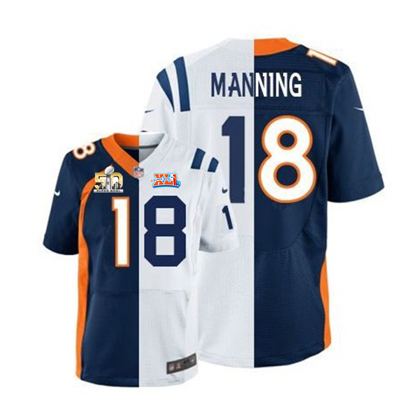 Nike Broncos 18 Peyton Manning Blue And White Split Super Bowl 50 Elite Jersey