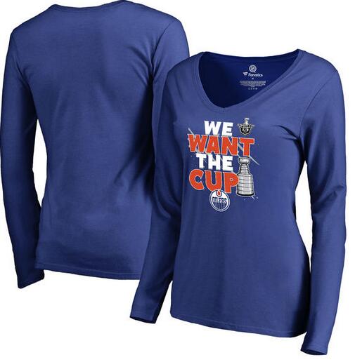 Edmonton Oilers Fanatics Branded Women's 2017 NHL Stanley Cup Playoff Participant Blue Line V Neck Long Sleeve T Shirt Royal