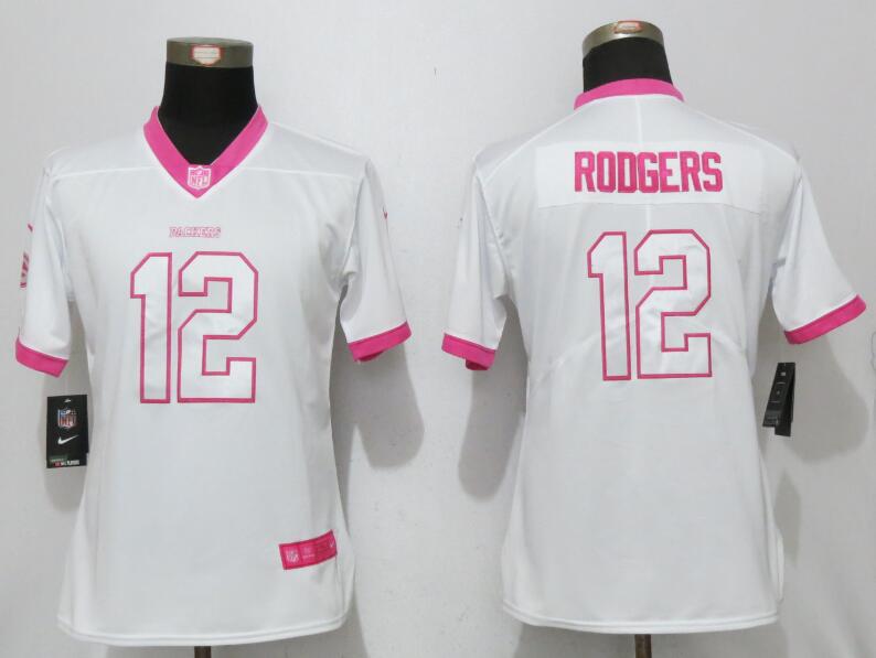 Nike Packers 12 Aaron Rogers White Pink Women Game Jersey