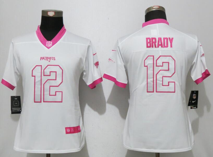 Nike Patriots 12 Tom Brady White Pink Women Game Jersey