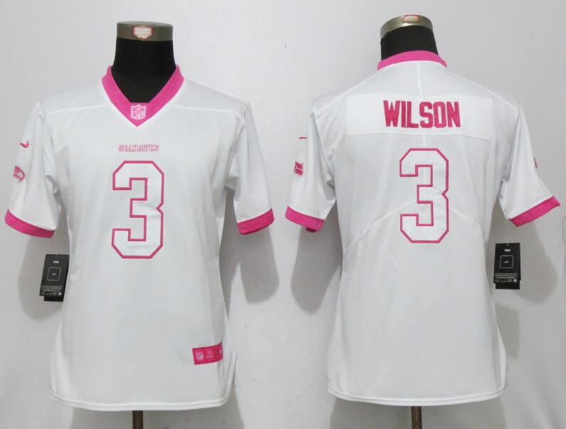 Nike Seahawks 3 Russell Wilson White Pink Women Game Jersey