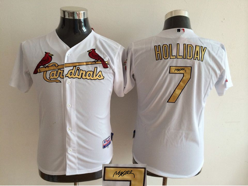 Cardinals 7 Matt Holiday White With Gold Number Youth Signature Edition Cool Base Jersey