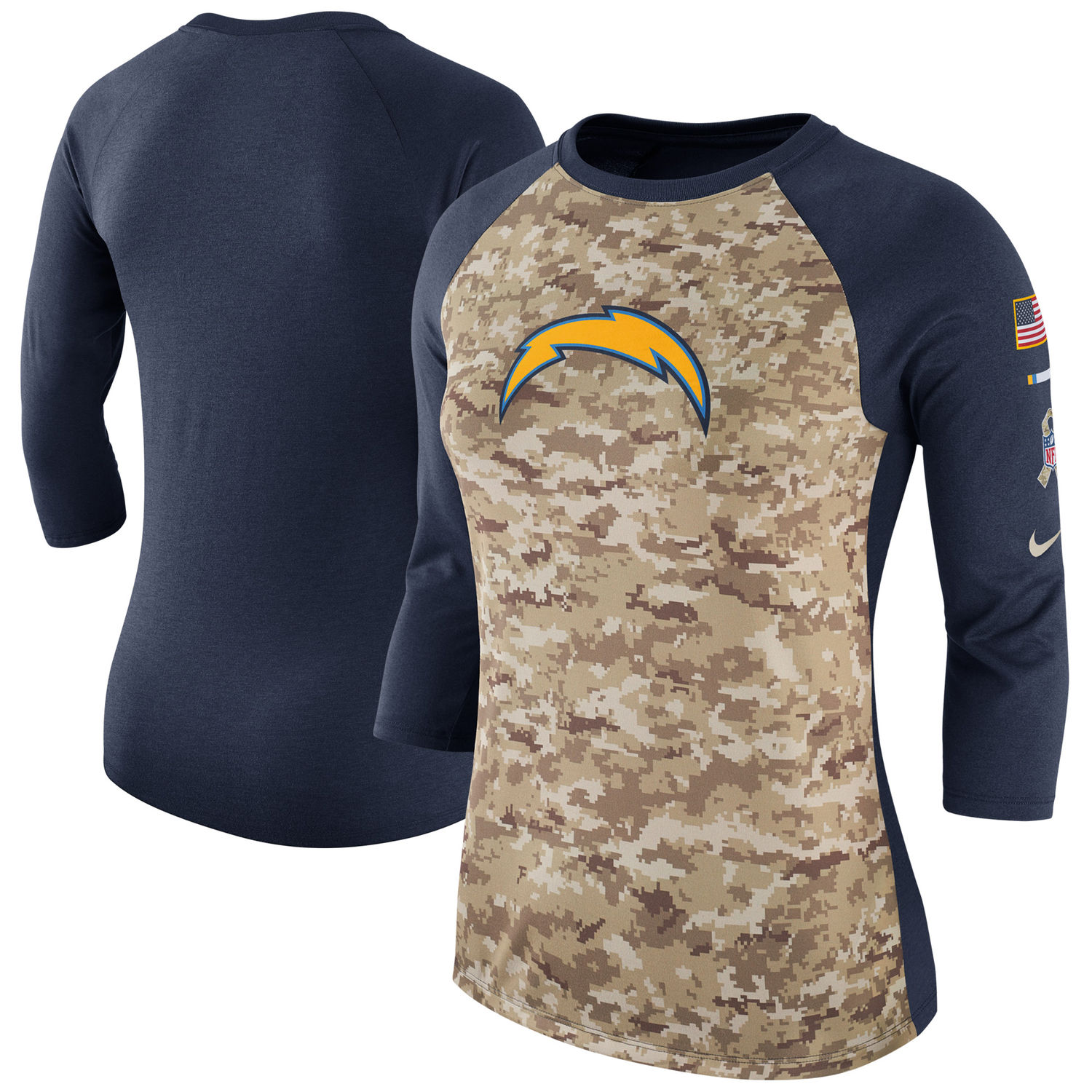 Women's Los Angeles Chargers Nike Camo Navy Salute to Service Legend Three-Quarter Raglan Sleeve T Shirt