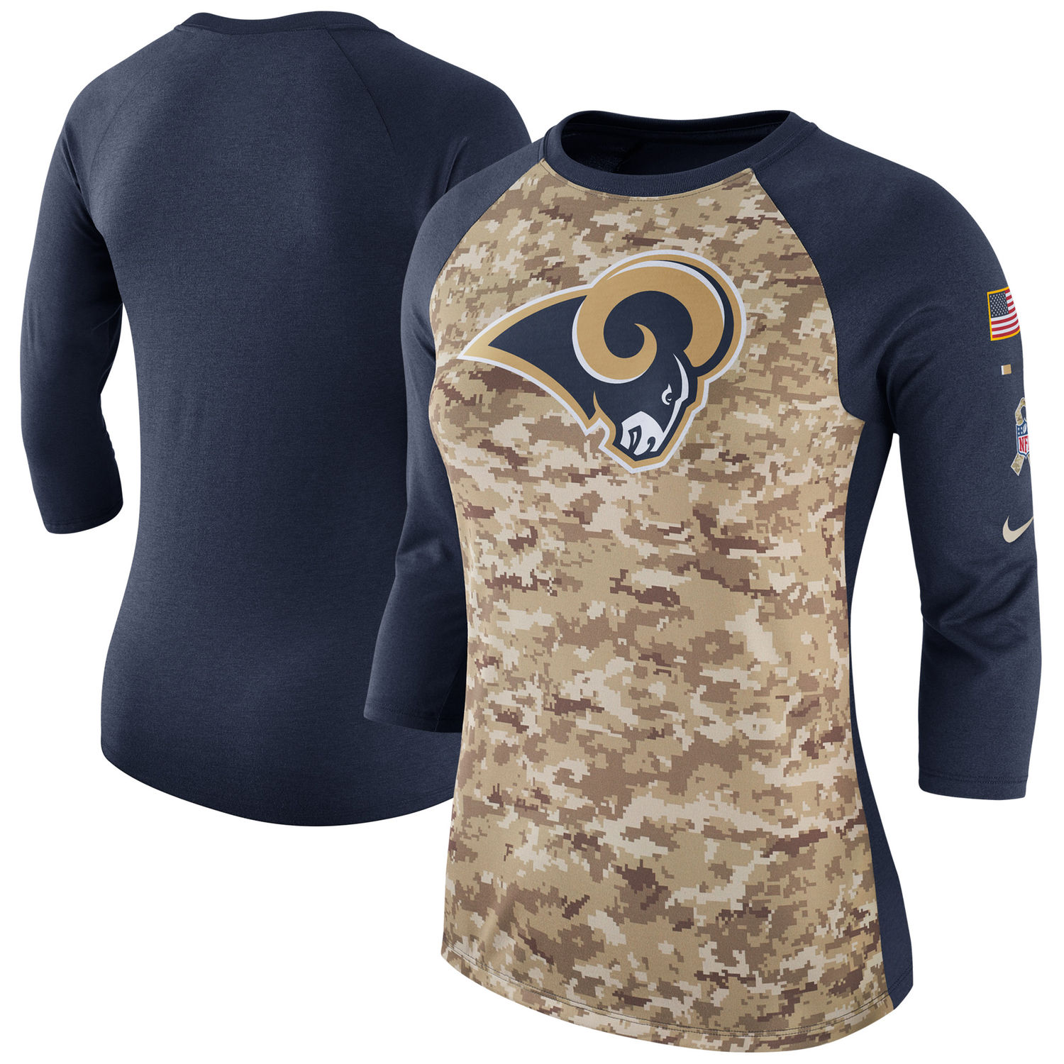 Women's Los Angeles Rams Nike Camo Navy Salute to Service Legend Three-Quarter Raglan Sleeve T Shirt