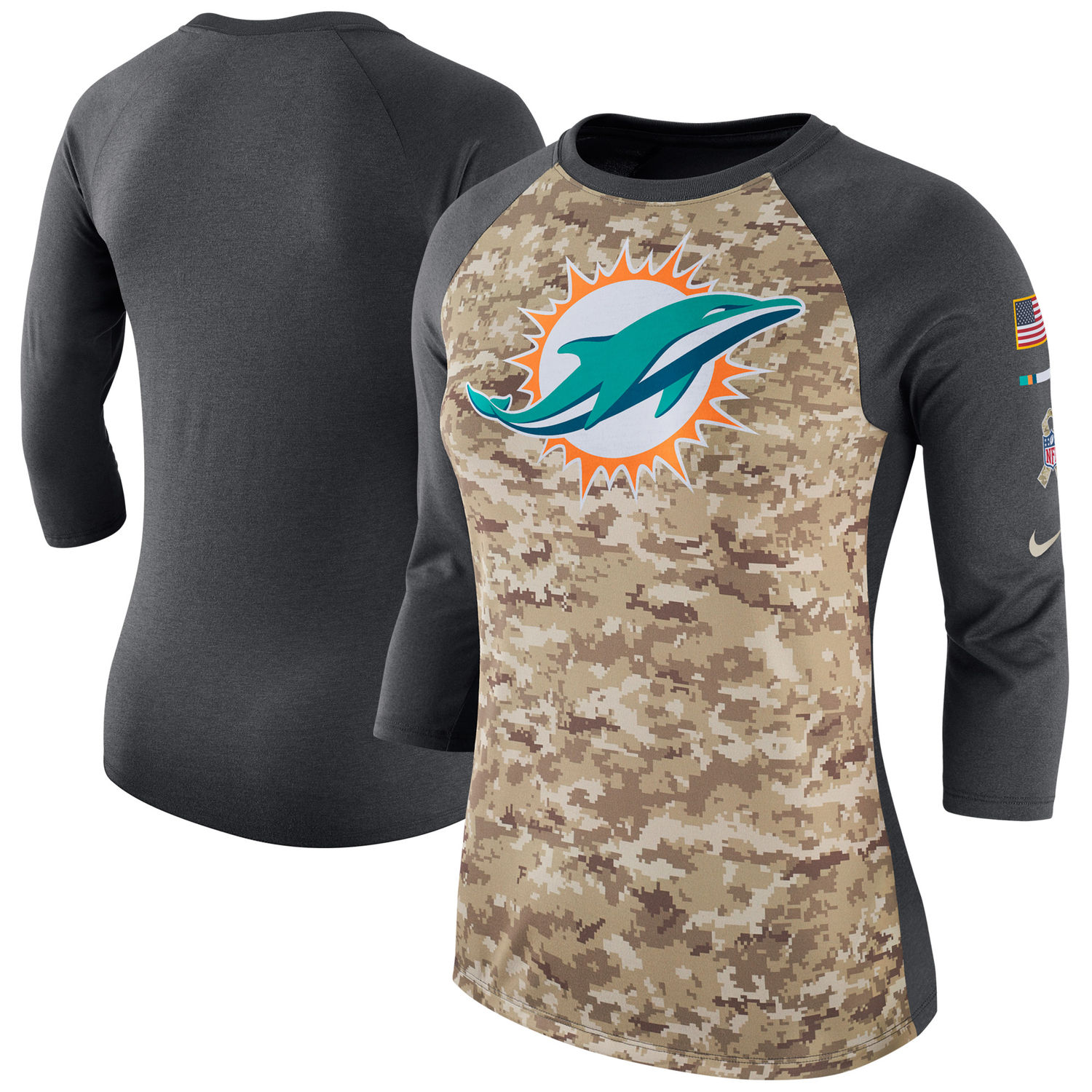 Women's Miami Dolphins Nike Camo Charcoal Salute to Service Legend Three-Quarter Raglan Sleeve T Shirt