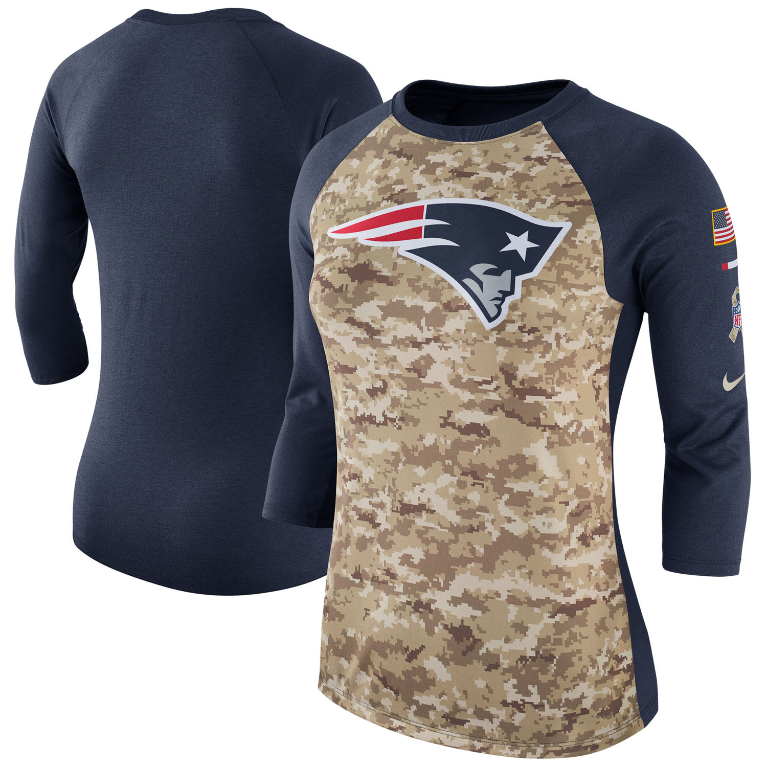 Women's New England Patriots Nike Camo Navy Salute to Service Legend Three-Quarter Raglan Sleeve T Shirt