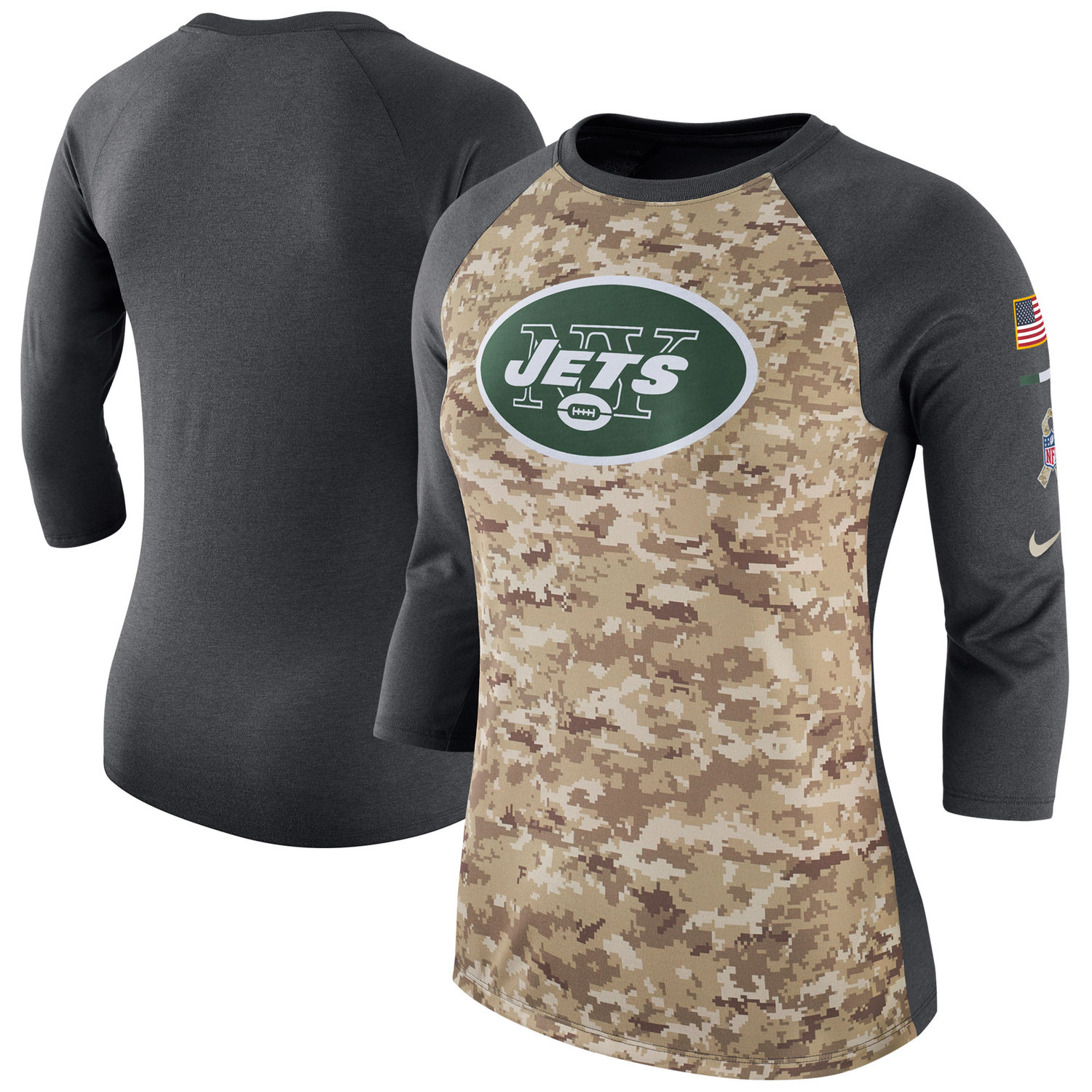 Women's New York Jets Nike Camo Charcoal Salute to Service Legend Three-Quarter Raglan Sleeve T Shirt
