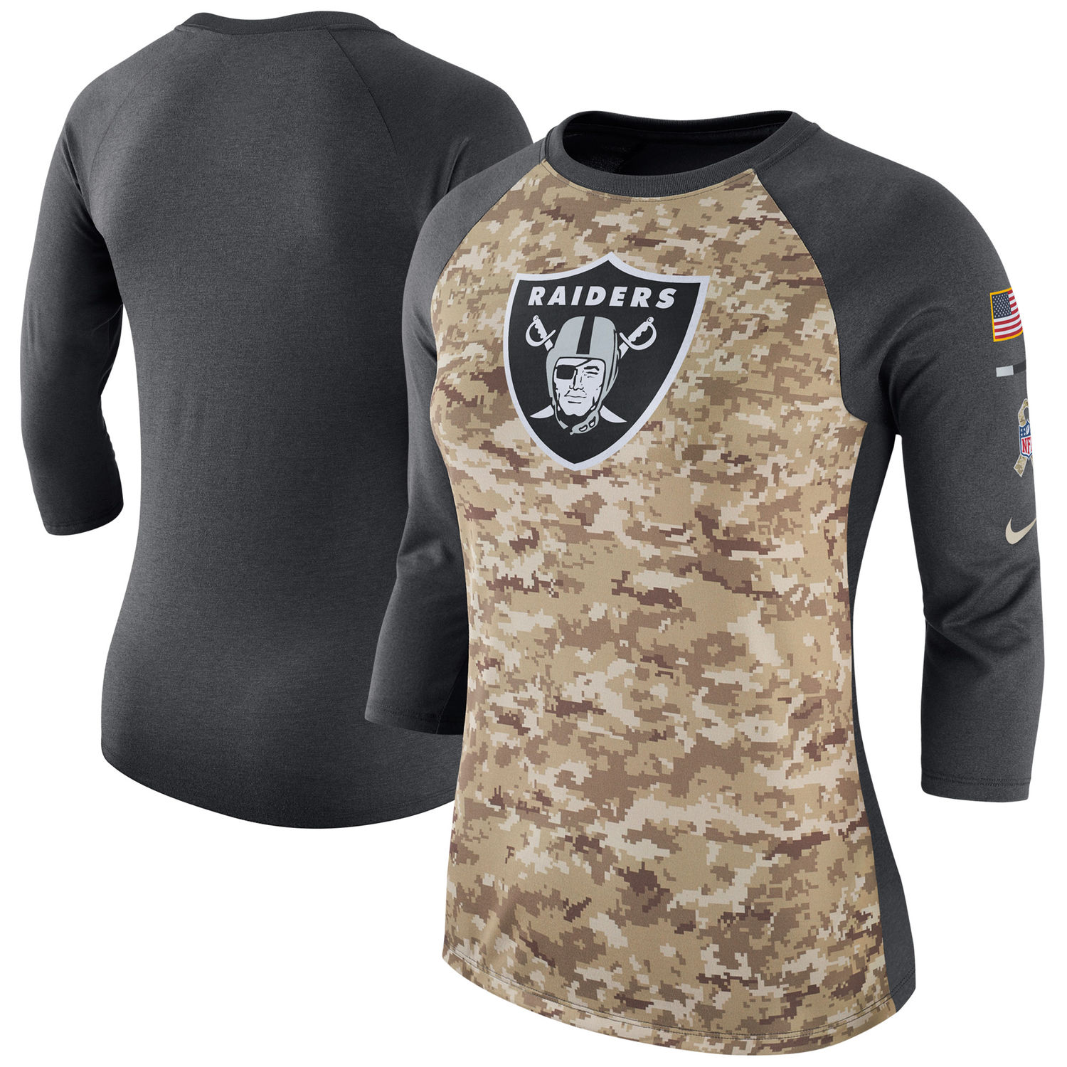 Women's Oakland Raiders Nike Camo Charcoal Salute to Service Legend Three-Quarter Raglan Sleeve T Shirt