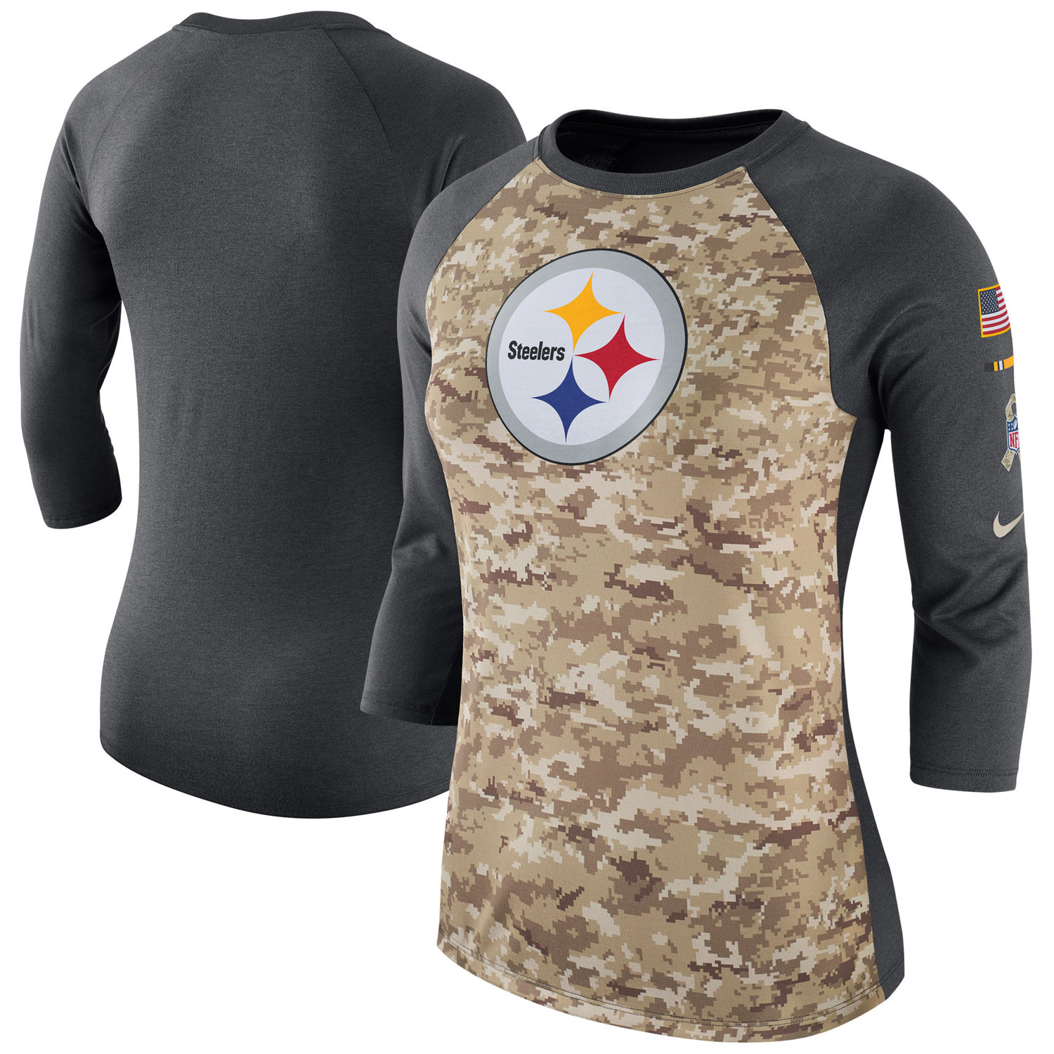 Women's Pittsburgh Steelers Nike Camo Charcoal Salute to Service Legend Three-Quarter Raglan Sleeve T Shirt