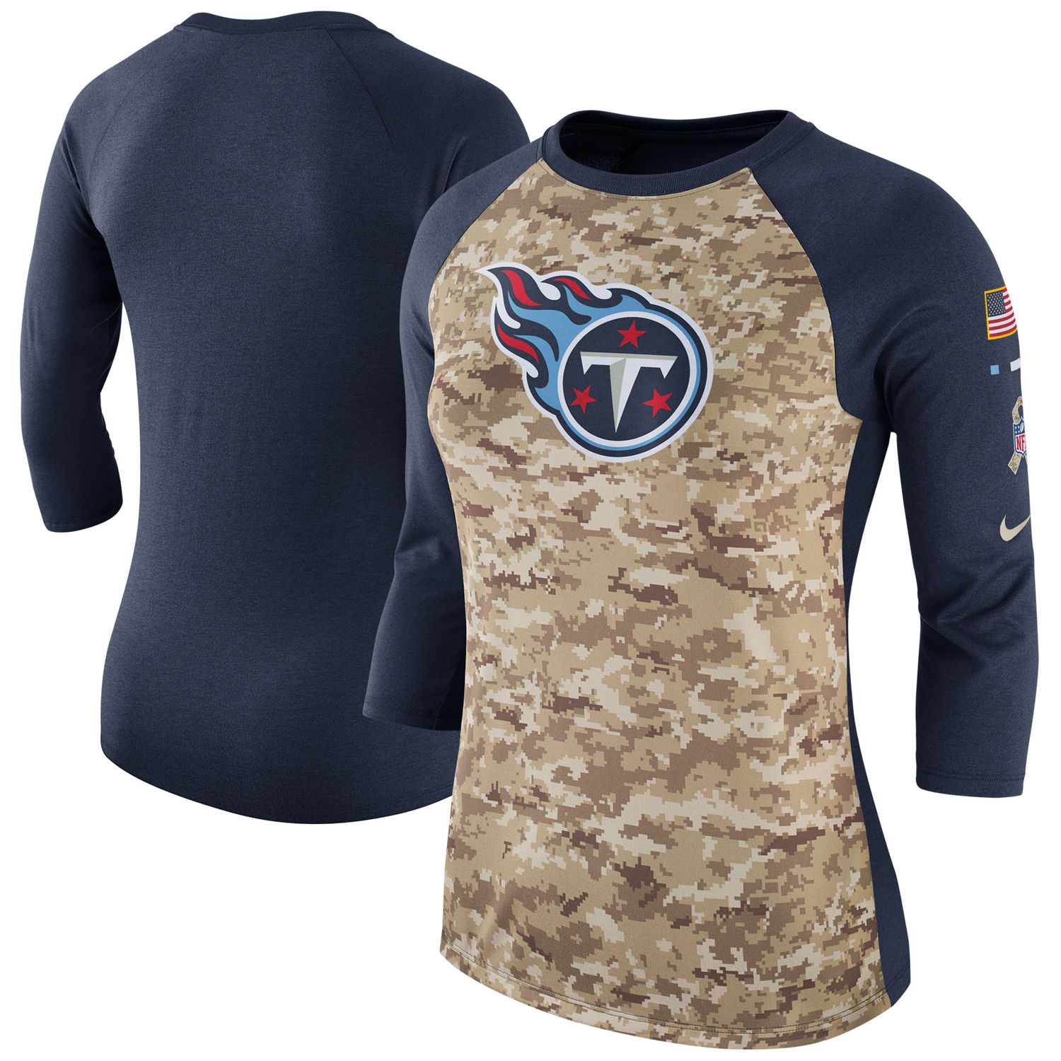 Women's Tennessee Titans Nike Camo Navy Salute to Service Legend Three-Quarter Raglan Sleeve T Shirt