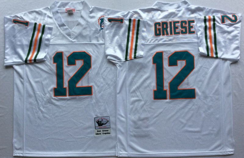 Dolphins 12 Bob Griese White M&N Throwback Jersey