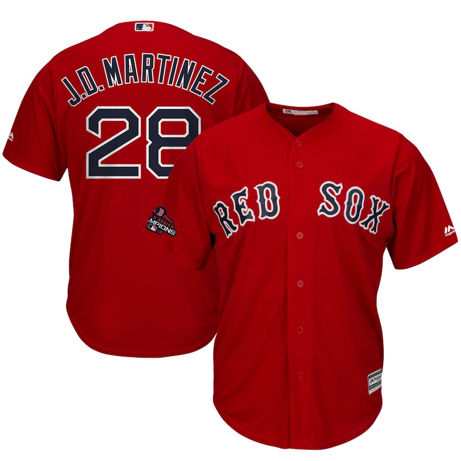 Red Sox 28 J.D. Martinez Scarlet 2018 World Series Champions Team Logo Player Jersey