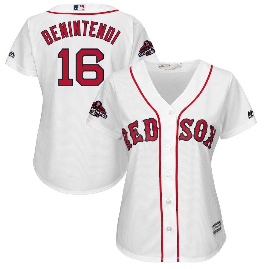 Red Sox 16 Andrew Benintendi White Women 2018 World Series Champions Team Logo Player Jersey