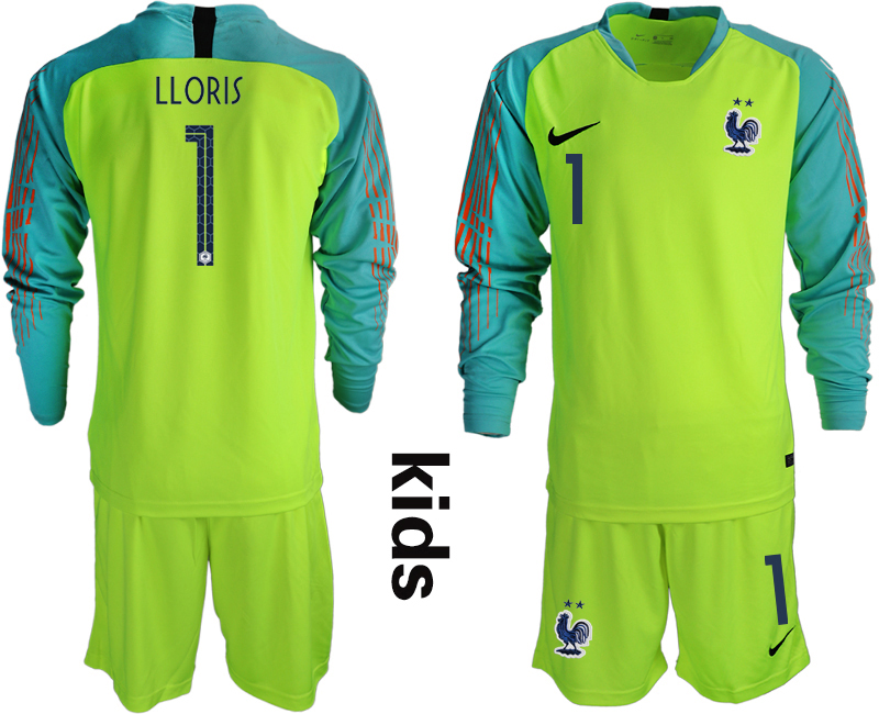 France 1 LLORIS 2-Star Fluorescent Green Youth Long Sleeve 2018 FIFA World Cup Goalkeeper Soccer Jersey