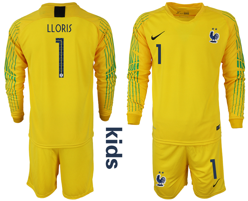 France 1 LLORIS Yellow 2-Star Youth 2018 FIFA World Cup Goalkeeper Soccer Jersey