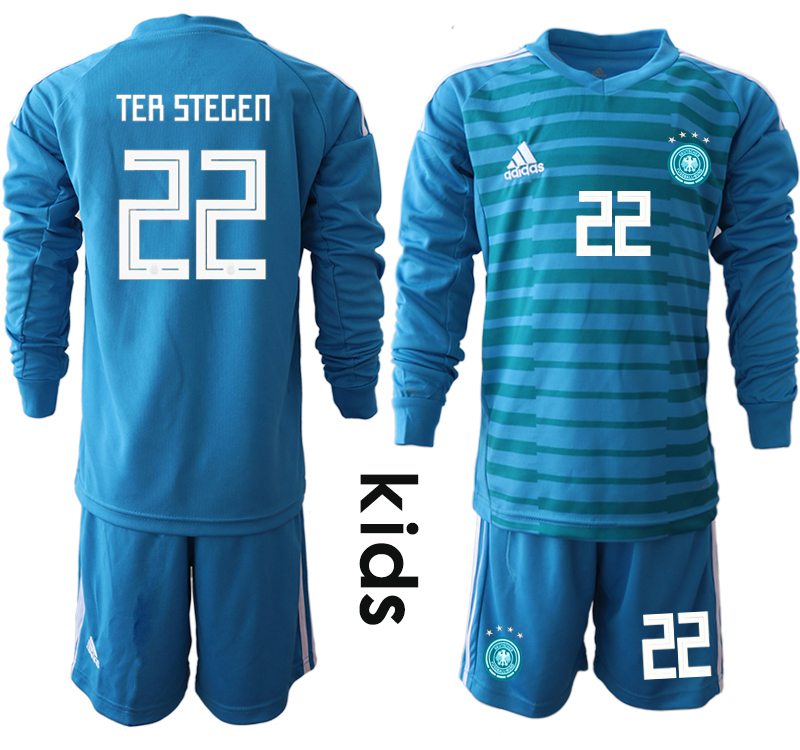 2018-19 Germany 22 TER STEGEN Blue Youth Long Sleeve Goalkeeper Soccer Jersey