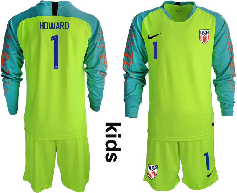 2018-19 USA 1 HOWARD Fluorescent Green Youth Long Sleeve Goalkeeper Soccer Jersey
