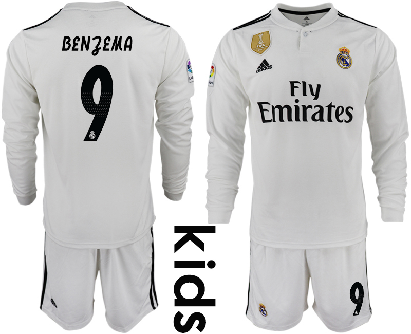 2018-19 Real Madrid 9 BENZEMA Home Youth Long Sleeve Soccer Jersey