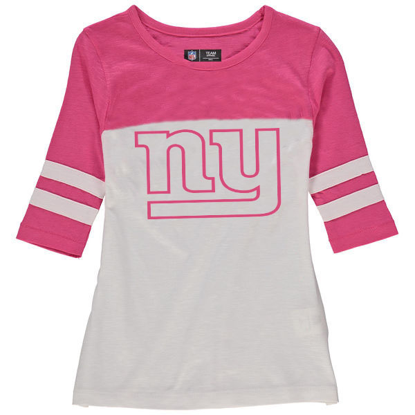 New York Giants 5th & Ocean by New Era Girls Youth Jersey 34 Sleeve T-Shirt White/Pink