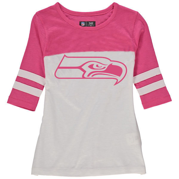 Seattle Seahawks 5th & Ocean by New Era Girls Youth Jersey 34 Sleeve T-Shirt White/Pink