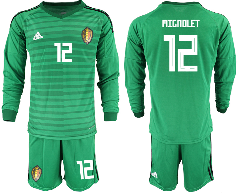 Belgium 12 MIGNOLET Green 2018 FIFA World Cup Long Sleeve Goalkeeper Soccer Jersey