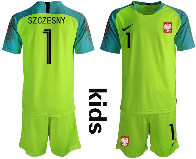 Poland 1 SZCZESNY Fluorescent Green Youth 2018 FIFA World Cup Goalkeeper Soccer Jersey