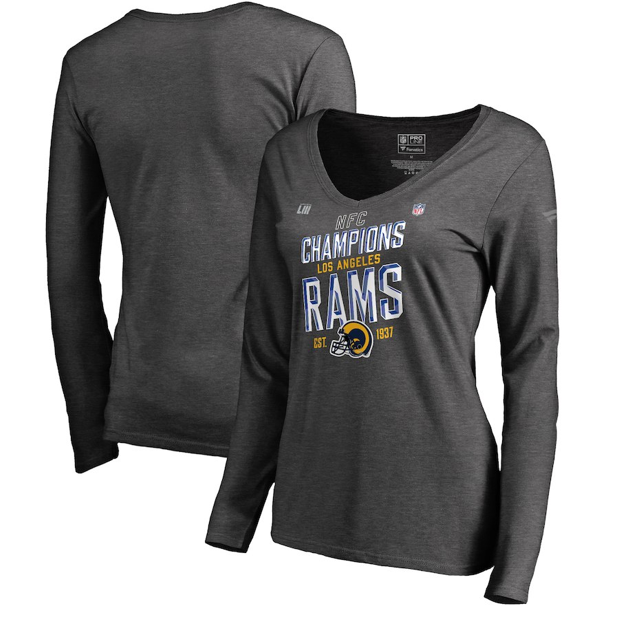 Los Angeles Rams NFL Pro Line by Fanatics Branded Women's 2018 NFC Champions Trophy Collection Locker Room Long Sleeve V Neck T-Shirt Heather Charcoal