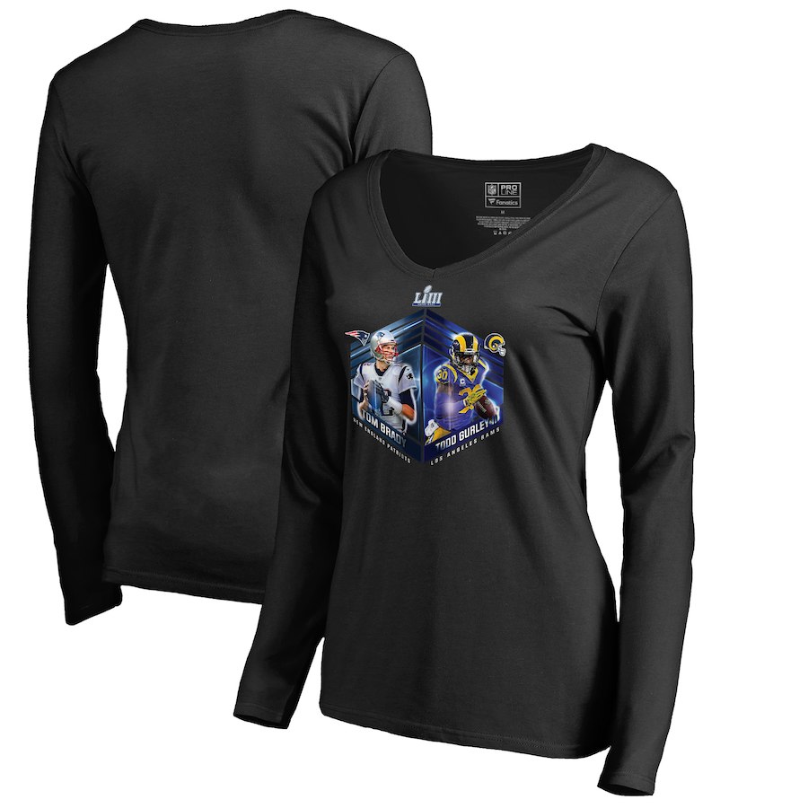 Los Angeles Rams vs. New England Patriots NFL Pro Line by Fanatics Branded Women's Super Bowl LIII Dueling Player Matchup Long Sleeve V Neck T-Shirt Black