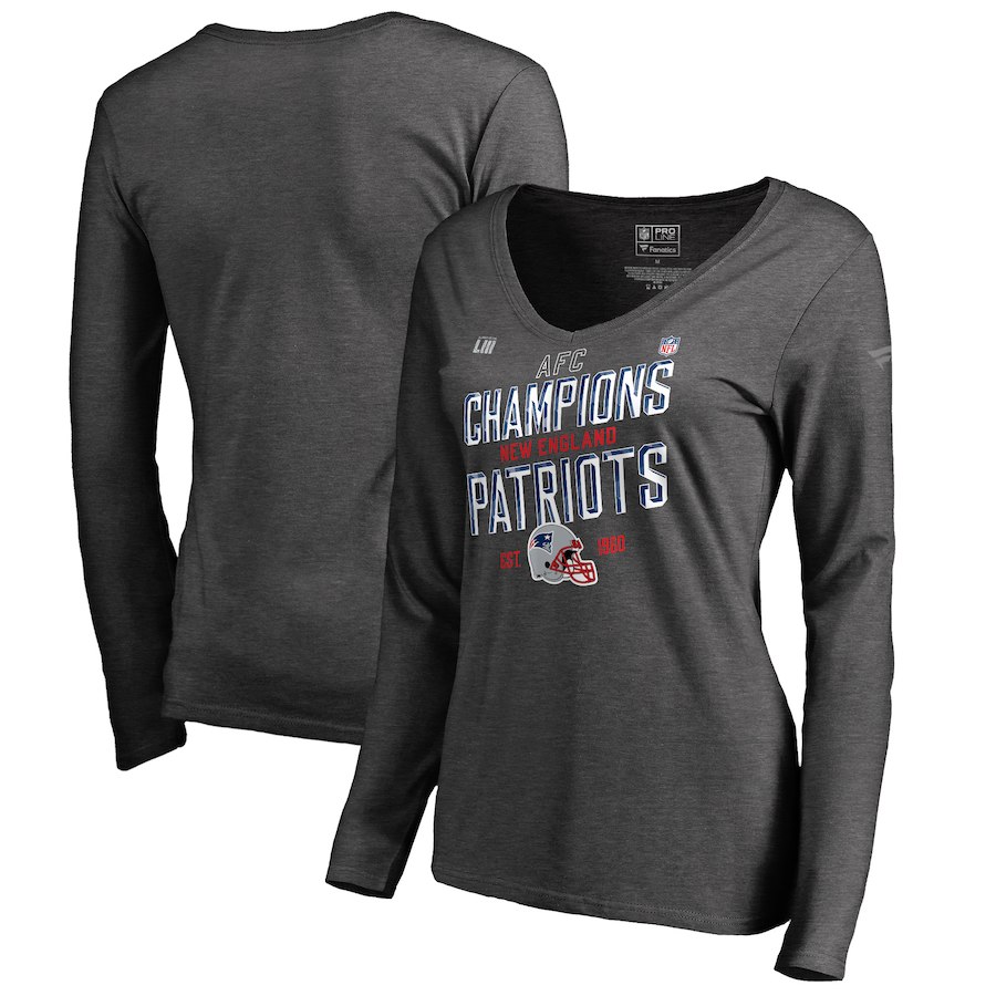 New England Patriots NFL Pro Line by Fanatics Branded Women's 2018 AFC Champions Trophy Collection Locker Room Long Sleeve V Neck T-Shirt Heather Charcoal