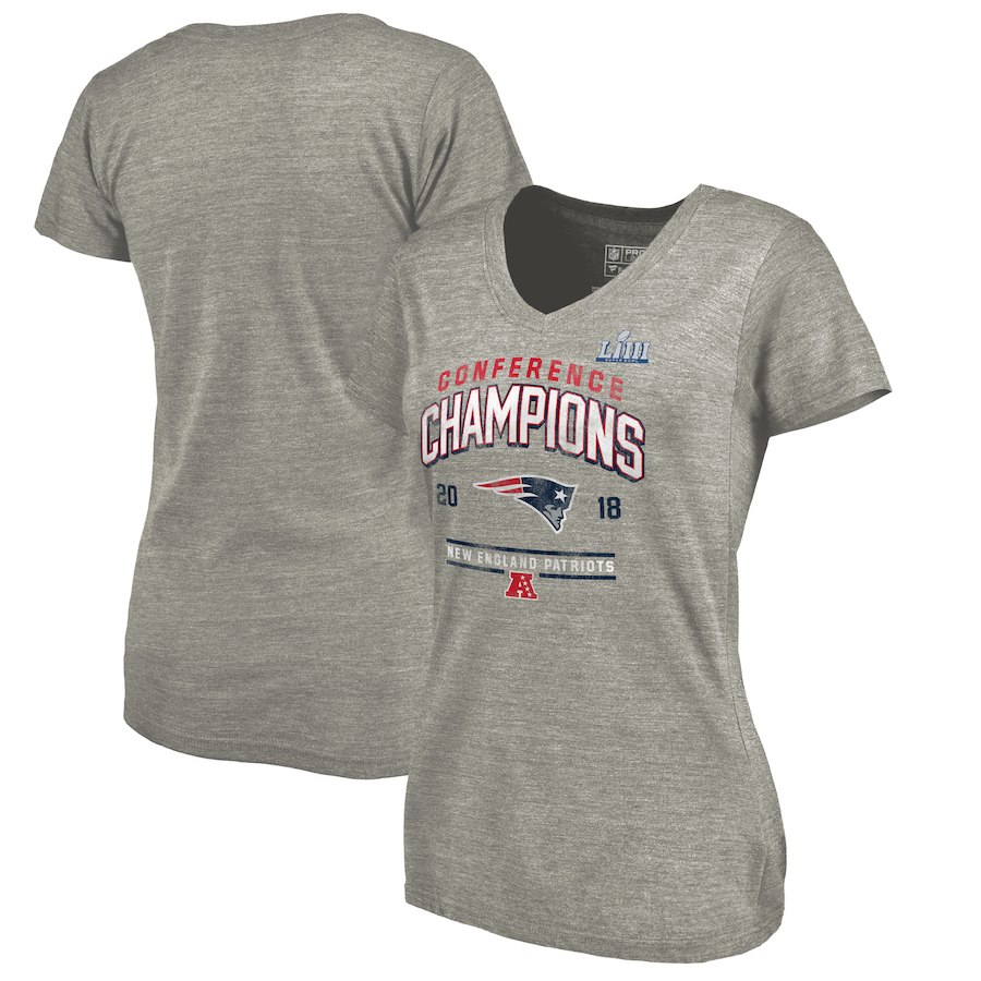 New England Patriots NFL Pro Line by Fanatics Branded Women's 2018 AFC Champions Halfback Sweep V Neck T-Shirt Heather Gray