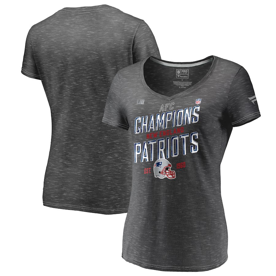New England Patriots NFL Pro Line by Fanatics Branded Women's 2018 AFC Champions Trophy Collection Locker Room V Neck T-Shirt Graphite