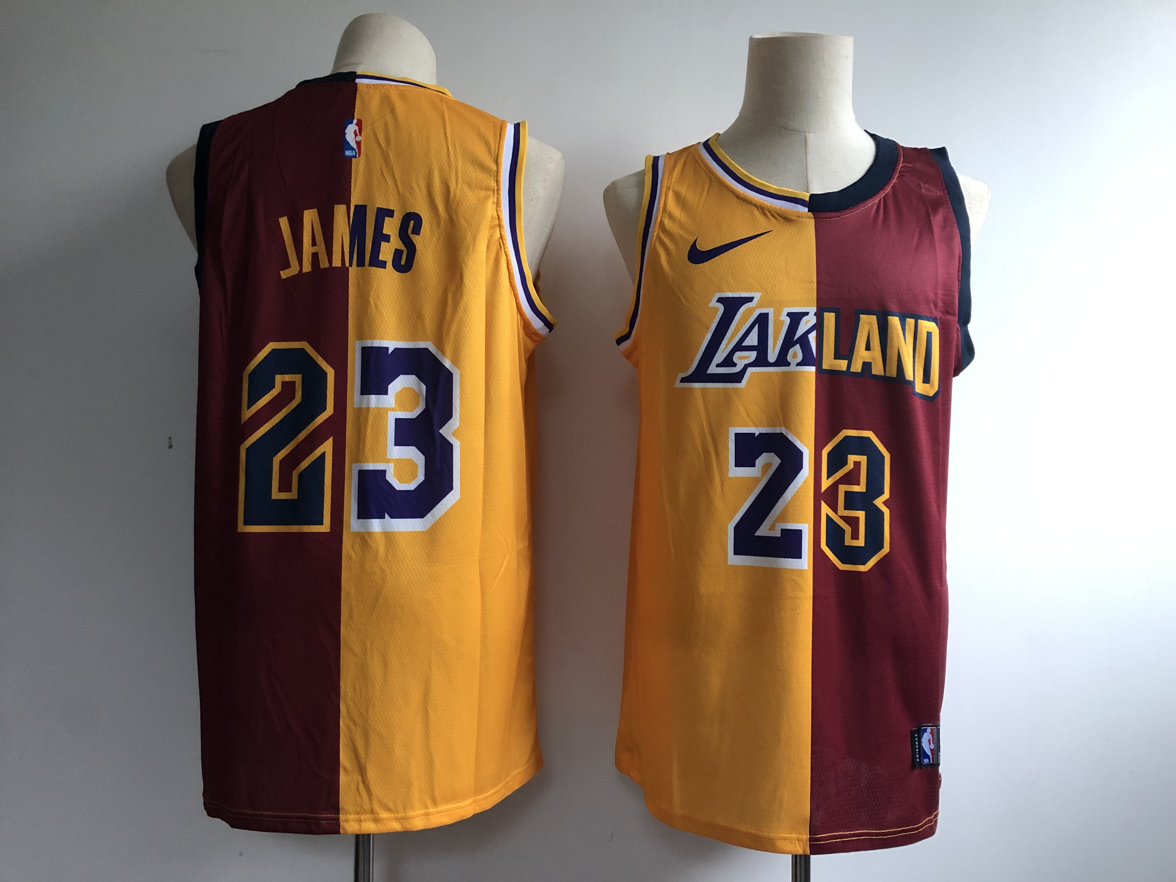 New Lakers 23 Lebron James Black Gold Split Nike Swingman Jersey Cheap Sale 